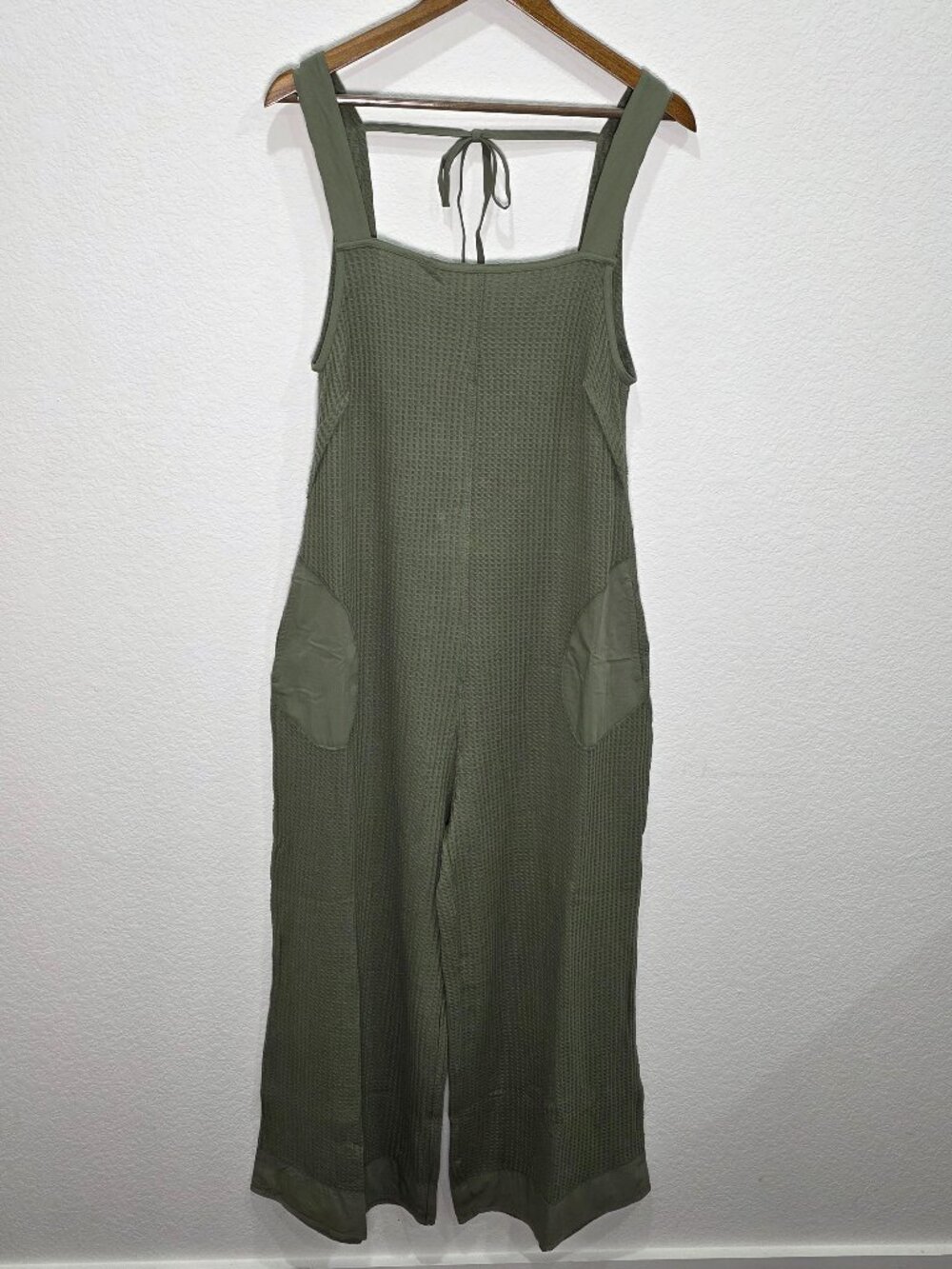 NWOT Zenana Waffle Knit Wide Leg Jumpsuit Olive Green Overalls Size L CP-3456Y